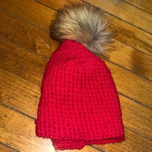 Hand-Crocheted Red Hat with Fur Pom-Pom